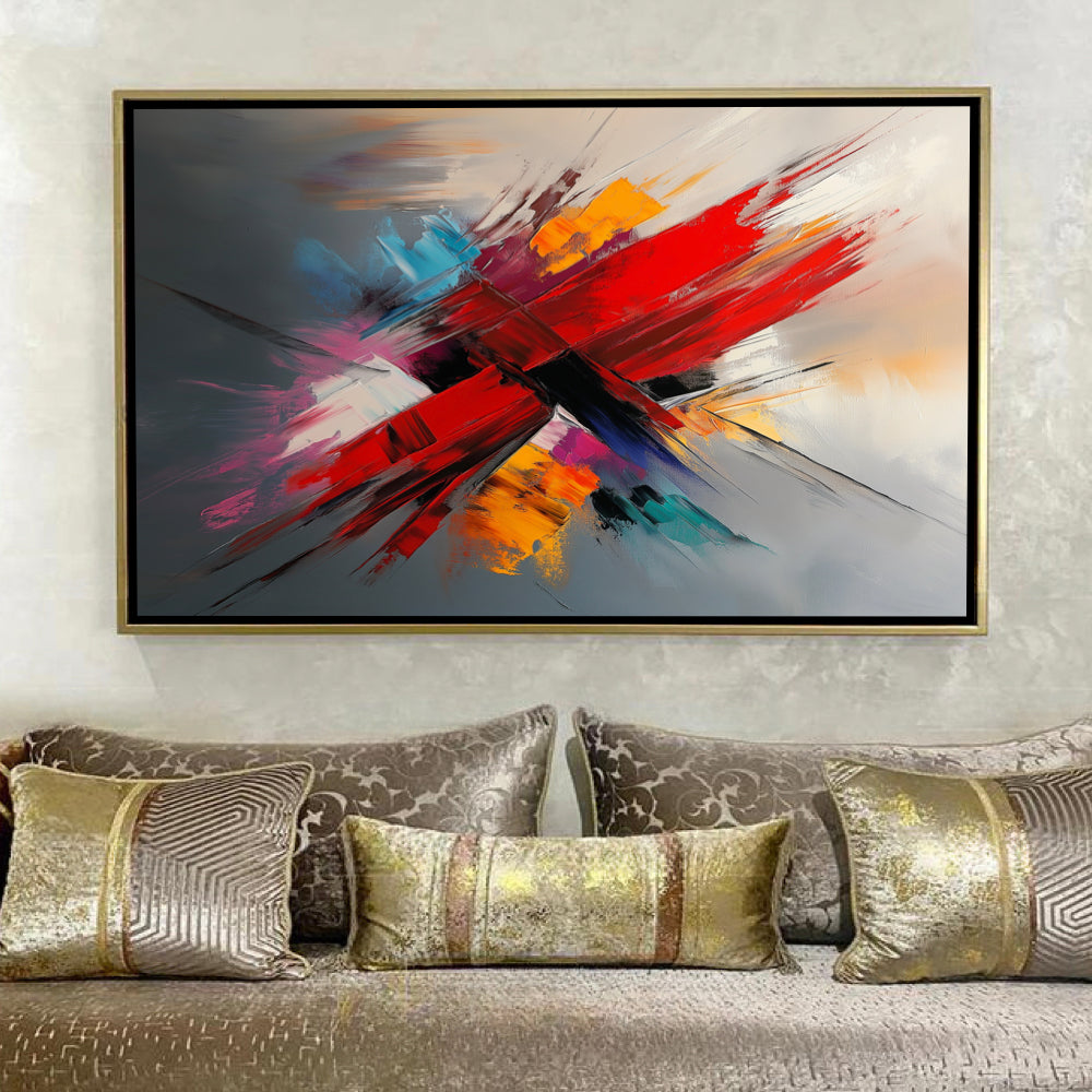 Tableau Abstrait avec Rouleau Rouge et Touches de Couleurs