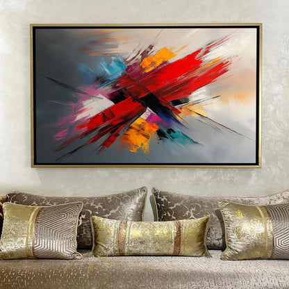 Tableau Abstrait avec Rouleau Rouge et Touches de Couleurs