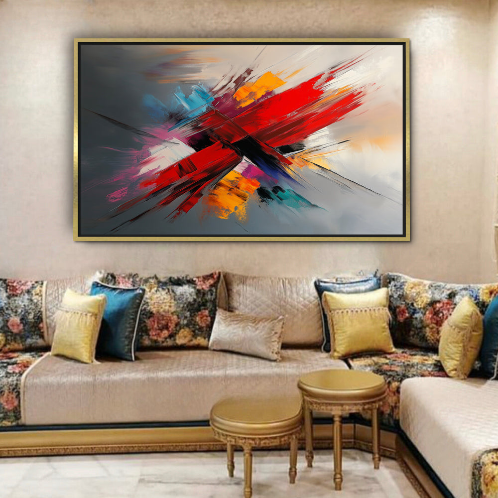 Tableau Abstrait avec Rouleau Rouge et Touches de Couleurs