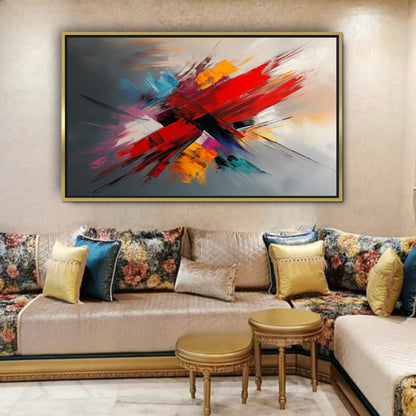 Tableau Abstrait avec Rouleau Rouge et Touches de Couleurs