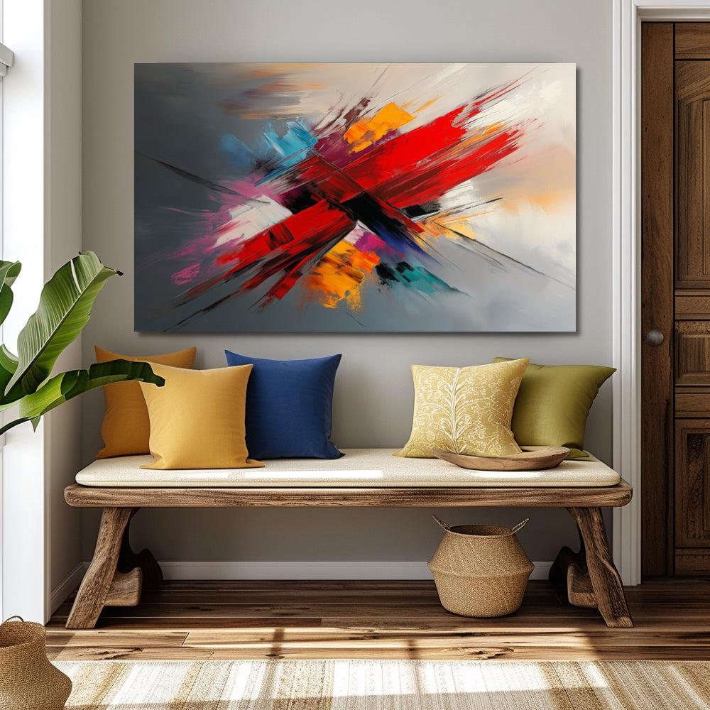 Tableau Abstrait avec Rouleau Rouge et Touches de Couleurs