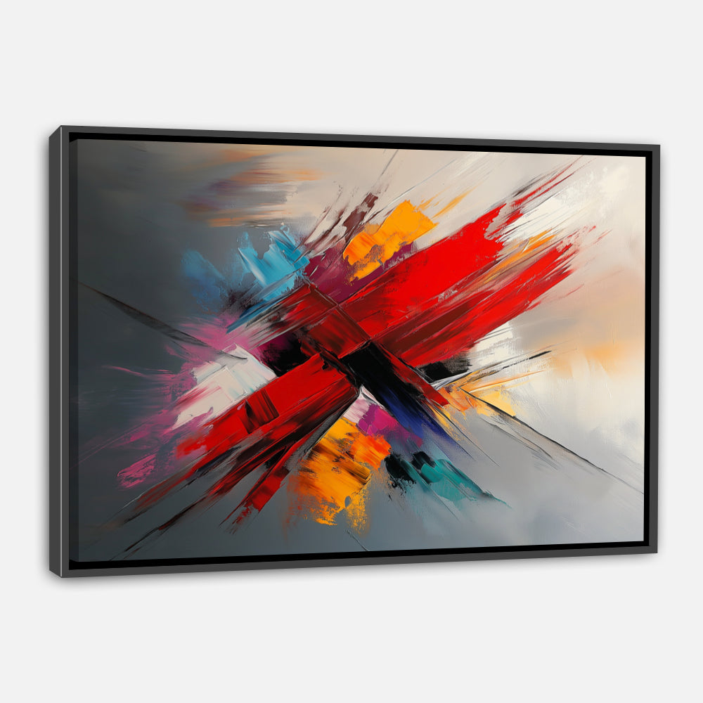 Tableau Abstrait avec Rouleau Rouge et Touches de Couleurs