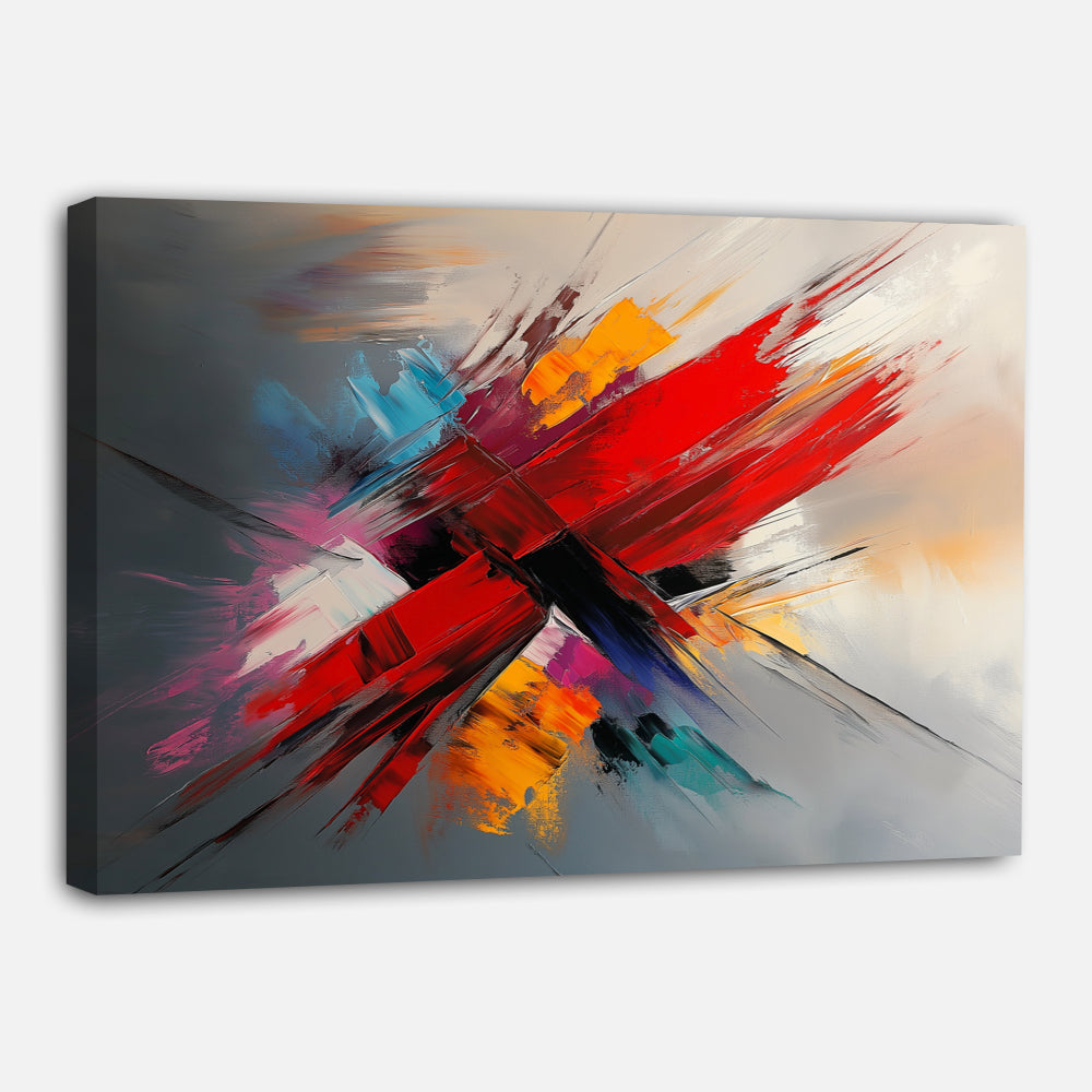 Tableau Abstrait avec Rouleau Rouge et Touches de Couleurs