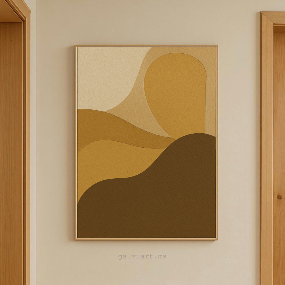 Tableau abstrait sur toile en tons terreux, disponible en plusieurs dimensions et encadré. Embellissez votre espace avec ce décor unique et chaleureux.